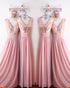 Rose Gold Sequins Dusty Pink Chiffon Bridesmaid Dresses Ruffles V-Neck Floor Length